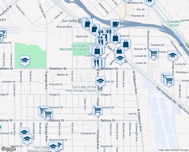 map of restaurants, bars, coffee shops, grocery stores, and more near 7925 Vineland Avenue in Los Angeles