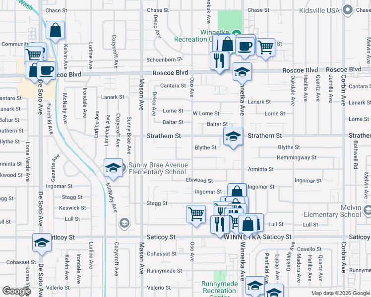 map of restaurants, bars, coffee shops, grocery stores, and more near 7938 Casaba Avenue in Los Angeles