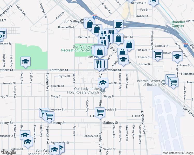 map of restaurants, bars, coffee shops, grocery stores, and more near 7925 Vineland Avenue in Los Angeles