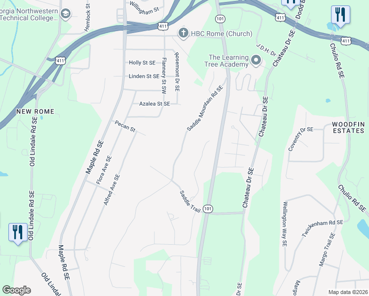 map of restaurants, bars, coffee shops, grocery stores, and more near 27 Saddle Mountain Road Southeast in Rome