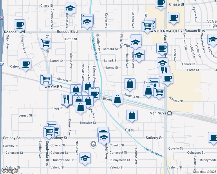 map of restaurants, bars, coffee shops, grocery stores, and more near 7914 Brimfield Avenue in Panorama City