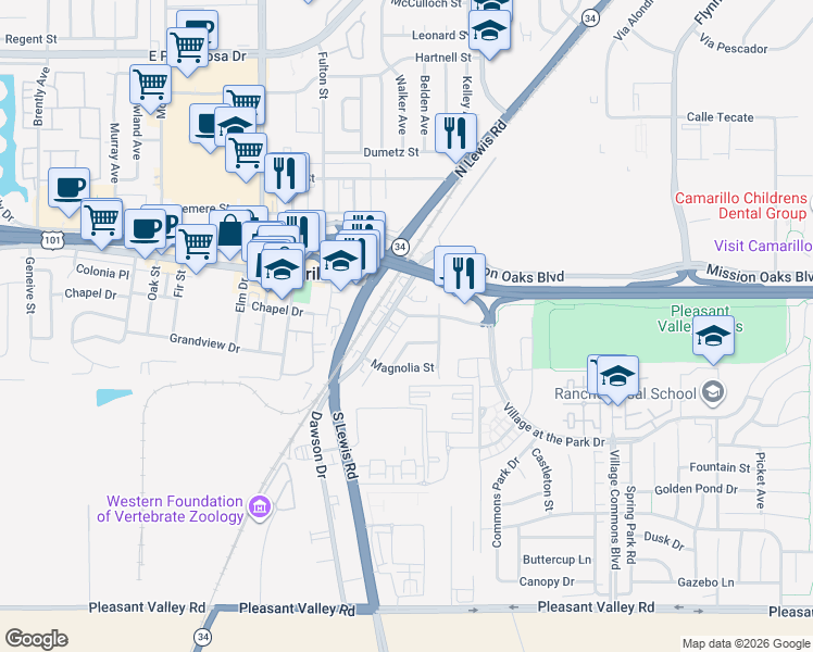 map of restaurants, bars, coffee shops, grocery stores, and more near 2764 Petit Street in Camarillo