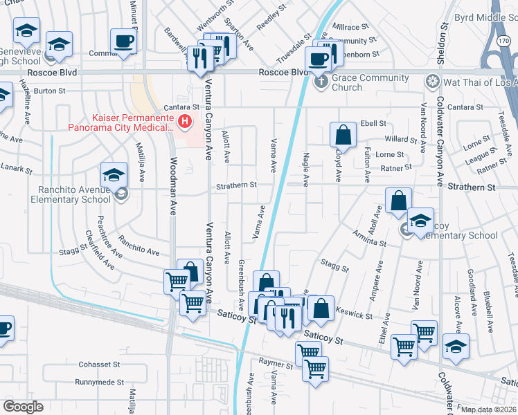 map of restaurants, bars, coffee shops, grocery stores, and more near 7933 Varna Avenue in Los Angeles