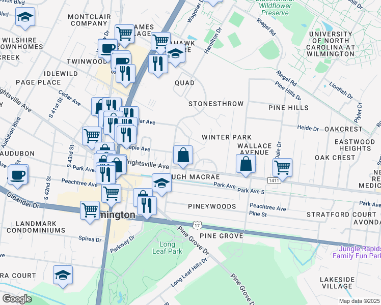 map of restaurants, bars, coffee shops, grocery stores, and more near 302 Brickle Avenue in Wilmington