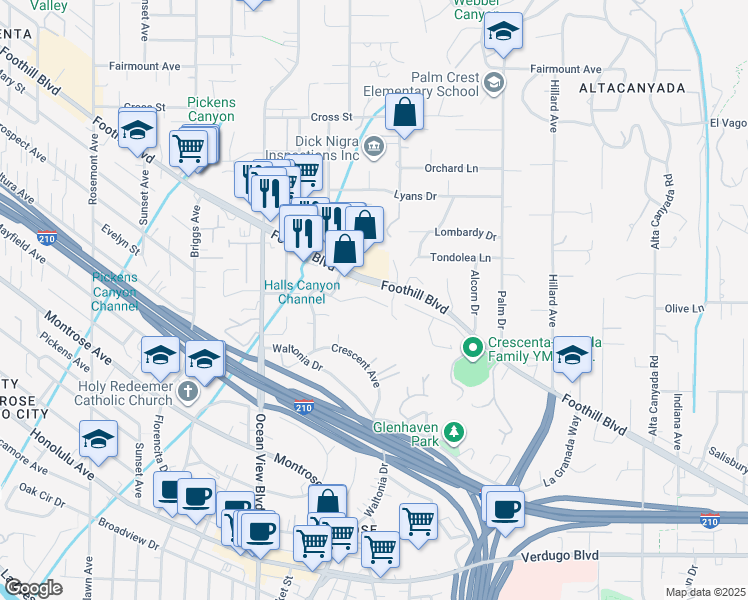 map of restaurants, bars, coffee shops, grocery stores, and more near 4453 Rosebank Drive in La Cañada Flintridge