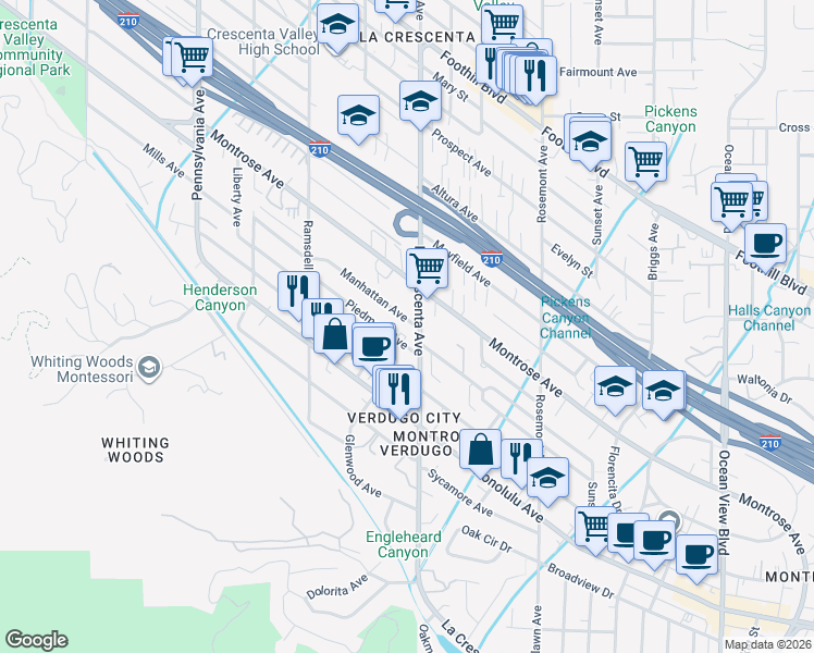 map of restaurants, bars, coffee shops, grocery stores, and more near 2809 Manhattan Avenue in Glendale