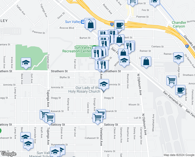 map of restaurants, bars, coffee shops, grocery stores, and more near 7935 Vineland Avenue in Los Angeles