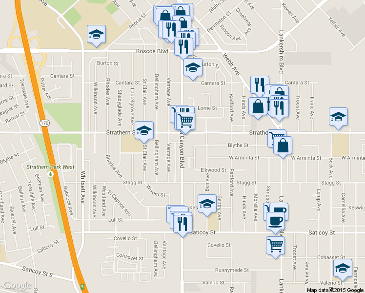 map of restaurants, bars, coffee shops, grocery stores, and more near 7943 Laurel Canyon Boulevard in Los Angeles