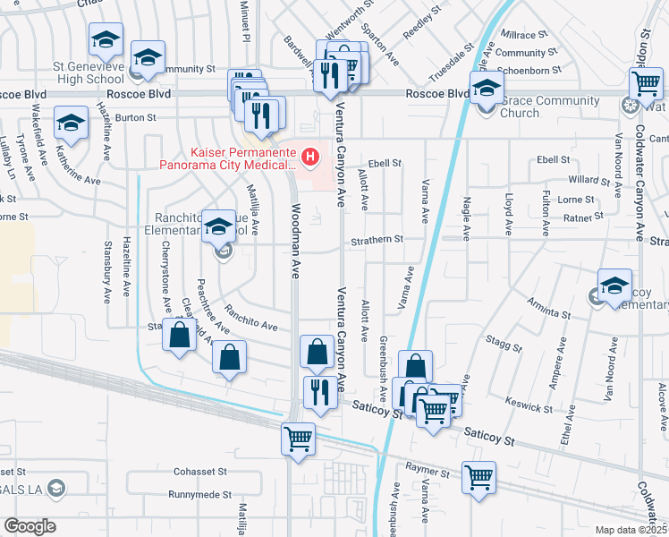 map of restaurants, bars, coffee shops, grocery stores, and more near 7934 Woodman Avenue in Los Angeles