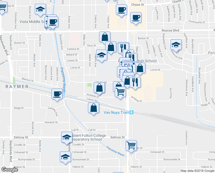 map of restaurants, bars, coffee shops, grocery stores, and more near 14634 Blythe Street in Los Angeles