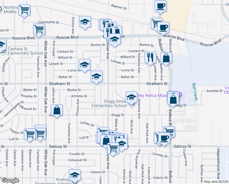 map of restaurants, bars, coffee shops, grocery stores, and more near 7959 Aldea Avenue in Los Angeles