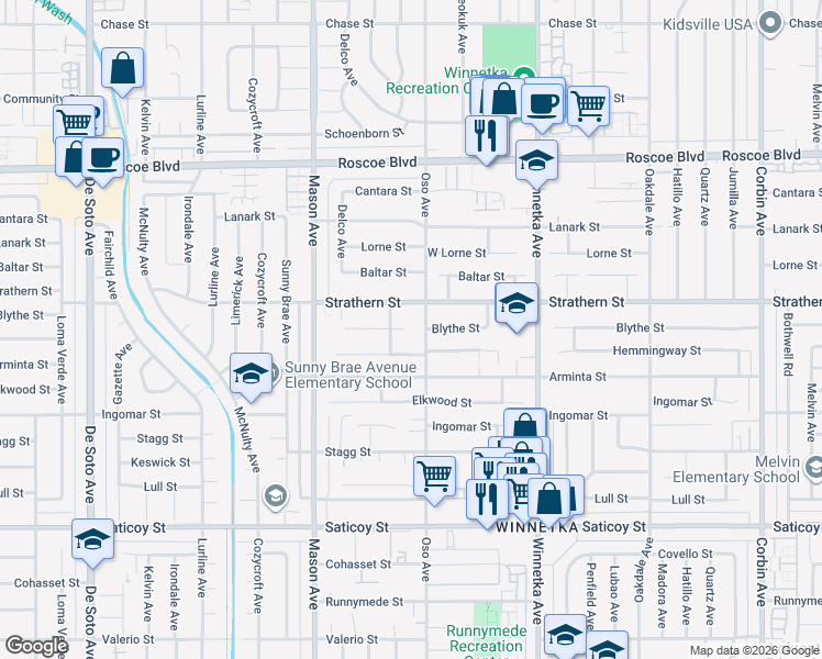 map of restaurants, bars, coffee shops, grocery stores, and more near 7938 Casaba Avenue in Los Angeles
