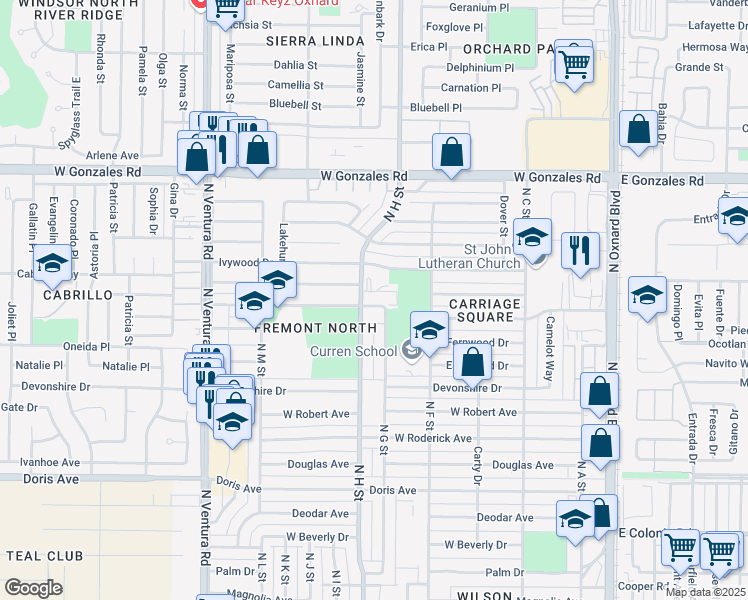 map of restaurants, bars, coffee shops, grocery stores, and more near 811 Glenwood Drive in Oxnard
