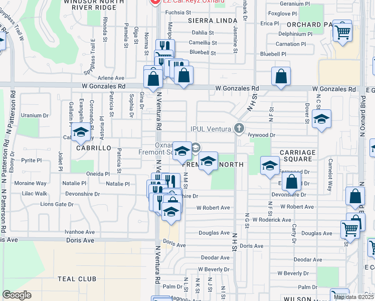 map of restaurants, bars, coffee shops, grocery stores, and more near 1321 Lakehurst Street in Oxnard