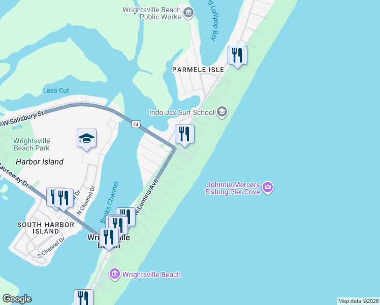 map of restaurants, bars, coffee shops, grocery stores, and more near 11 East Salisbury Street in Wrightsville Beach