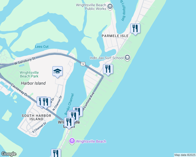 map of restaurants, bars, coffee shops, grocery stores, and more near 8 East Greensboro Street in Wrightsville Beach