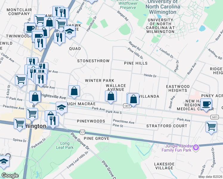 map of restaurants, bars, coffee shops, grocery stores, and more near 227 Wallace Avenue North in Wilmington