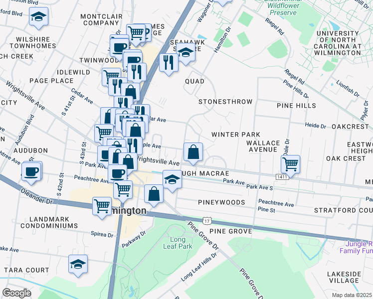 map of restaurants, bars, coffee shops, grocery stores, and more near 310 North Macmillan Avenue in Wilmington