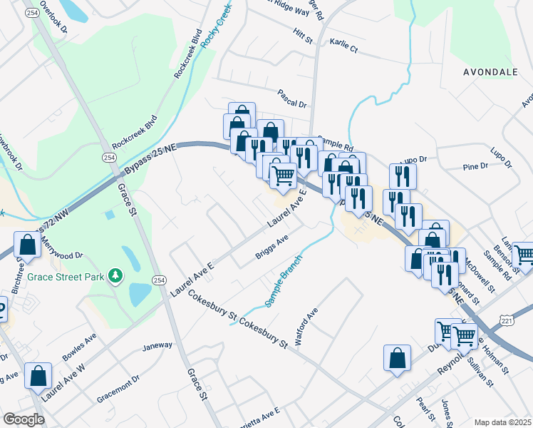 map of restaurants, bars, coffee shops, grocery stores, and more near 110 Leyland Court in Greenwood