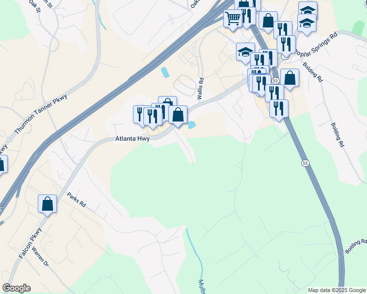 map of restaurants, bars, coffee shops, grocery stores, and more near 3623 Cresthill Drive in Flowery Branch