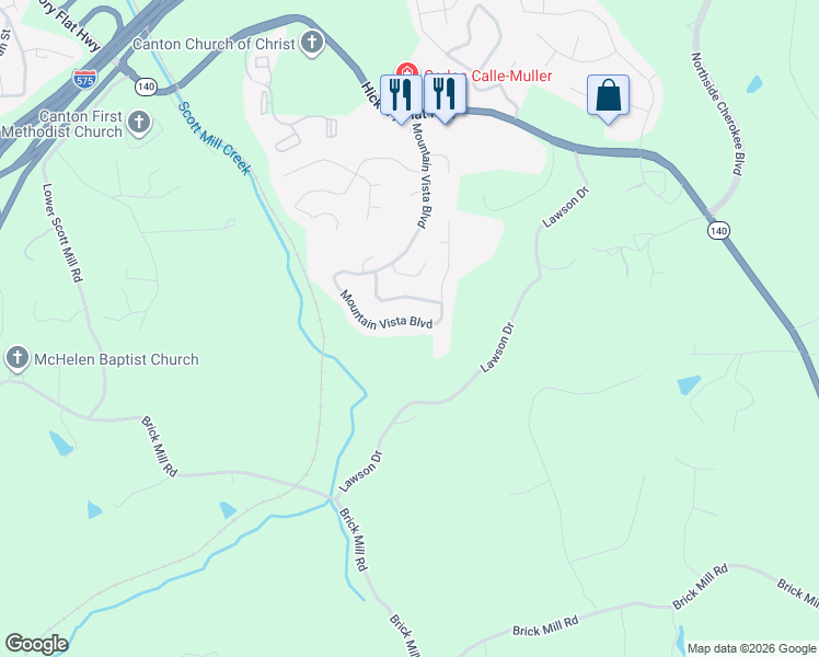 map of restaurants, bars, coffee shops, grocery stores, and more near 214 Mountain Vista Boulevard in Canton