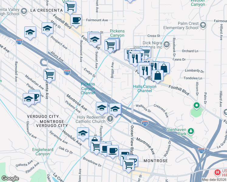 map of restaurants, bars, coffee shops, grocery stores, and more near 2350 Barton Lane in La Crescenta-Montrose
