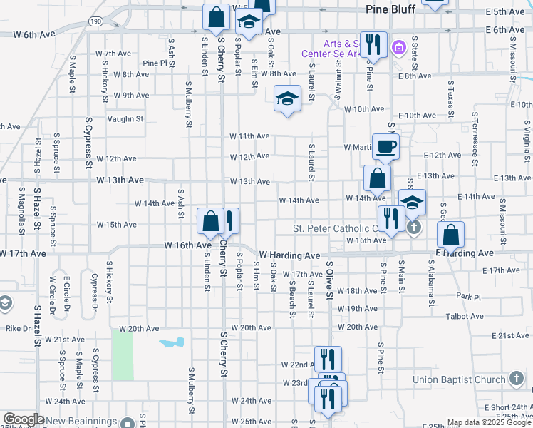 map of restaurants, bars, coffee shops, grocery stores, and more near 1400 South Elm Street in Pine Bluff