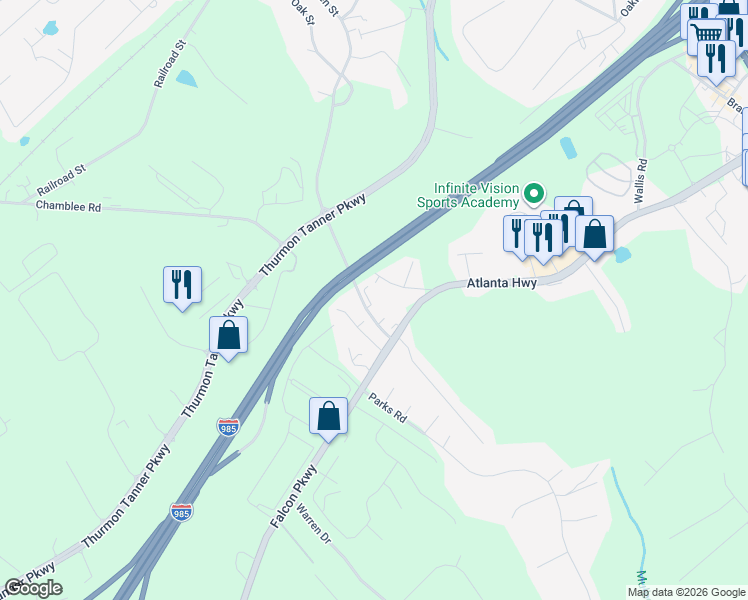 map of restaurants, bars, coffee shops, grocery stores, and more near 4853 Plainview Road in Flowery Branch