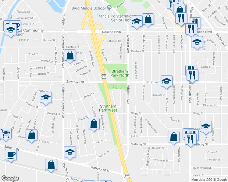 map of restaurants, bars, coffee shops, grocery stores, and more near 7924 Babcock Avenue in Los Angeles