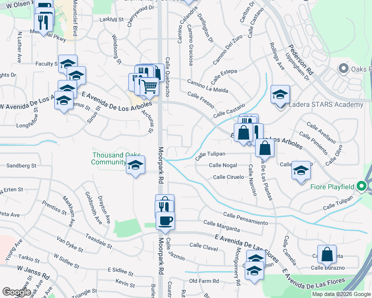 map of restaurants, bars, coffee shops, grocery stores, and more near 2600 Calle Abedul in Thousand Oaks