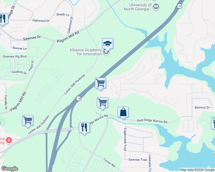 map of restaurants, bars, coffee shops, grocery stores, and more near 1256 Elderwood Way in Cumming