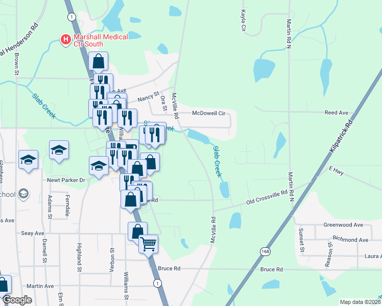 map of restaurants, bars, coffee shops, grocery stores, and more near 1141 McVille Road in Boaz