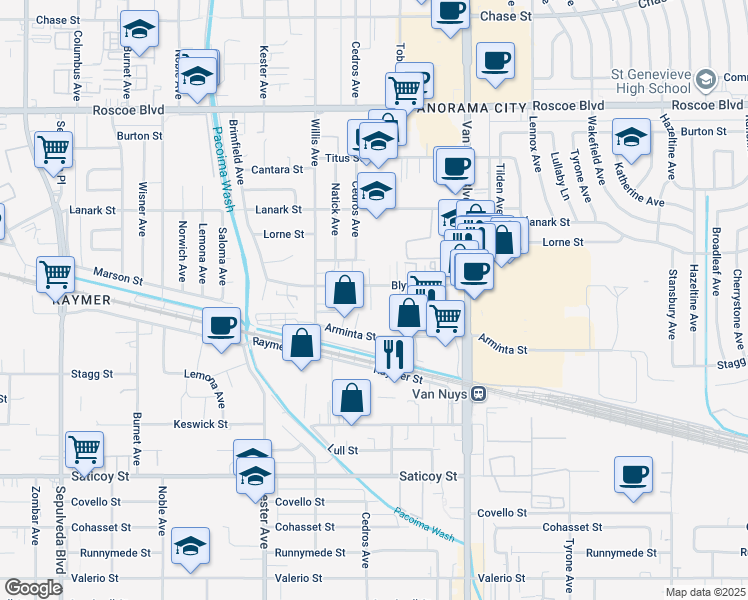 map of restaurants, bars, coffee shops, grocery stores, and more near 14654 Blythe Street in Los Angeles