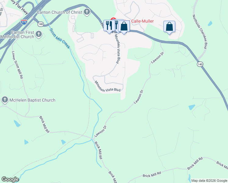 map of restaurants, bars, coffee shops, grocery stores, and more near 214 Mountain Vista Blvd in Canton