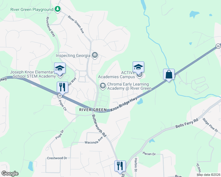 map of restaurants, bars, coffee shops, grocery stores, and more near 200 River Green Avenue in Canton