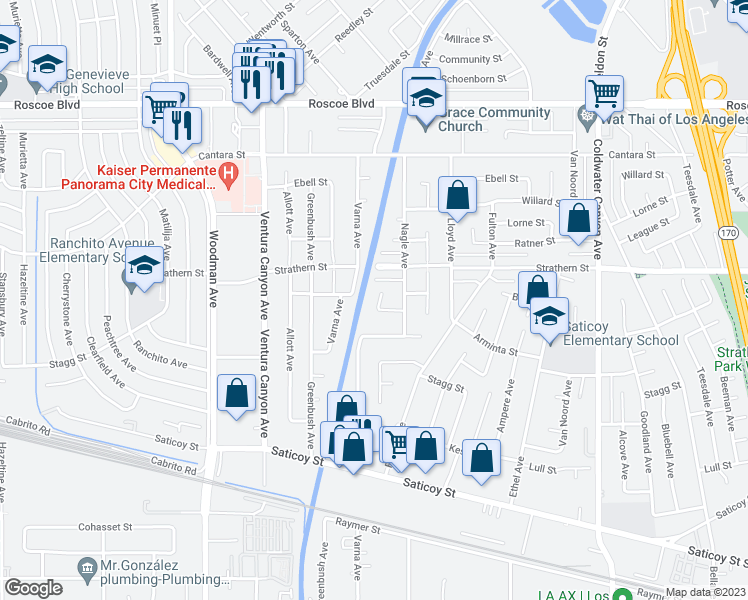 map of restaurants, bars, coffee shops, grocery stores, and more near 13352 Blythe Street in Los Angeles