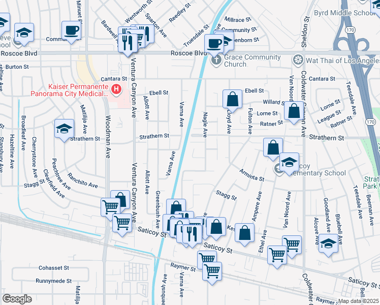 map of restaurants, bars, coffee shops, grocery stores, and more near 13352 Blythe Street in Los Angeles
