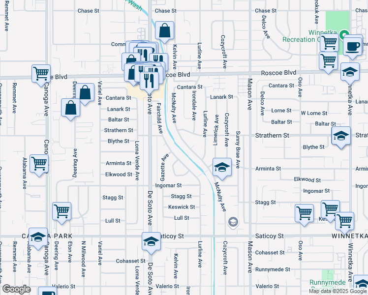 map of restaurants, bars, coffee shops, grocery stores, and more near 7959 McNulty Avenue in Los Angeles
