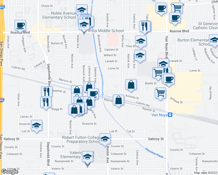 map of restaurants, bars, coffee shops, grocery stores, and more near 7914 Brimfield Avenue in Los Angeles
