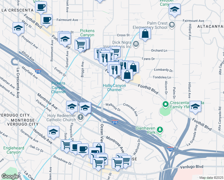 map of restaurants, bars, coffee shops, grocery stores, and more near 2238 Barton Lane in La Crescenta-Montrose