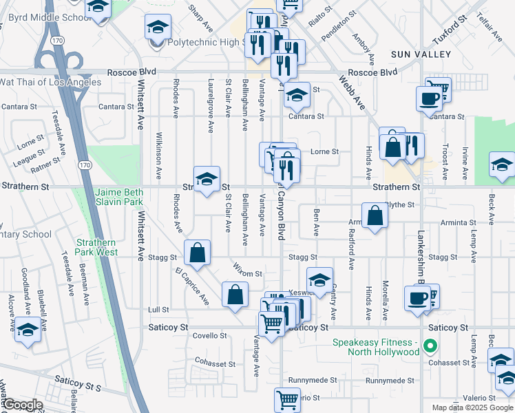 map of restaurants, bars, coffee shops, grocery stores, and more near 7931 Vantage Avenue in Los Angeles