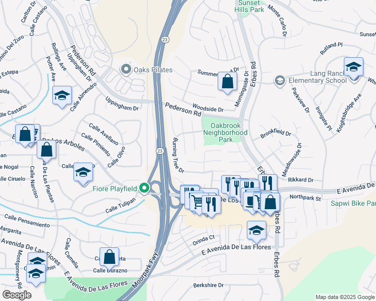 map of restaurants, bars, coffee shops, grocery stores, and more near 2702 Amber Wood Place in Thousand Oaks