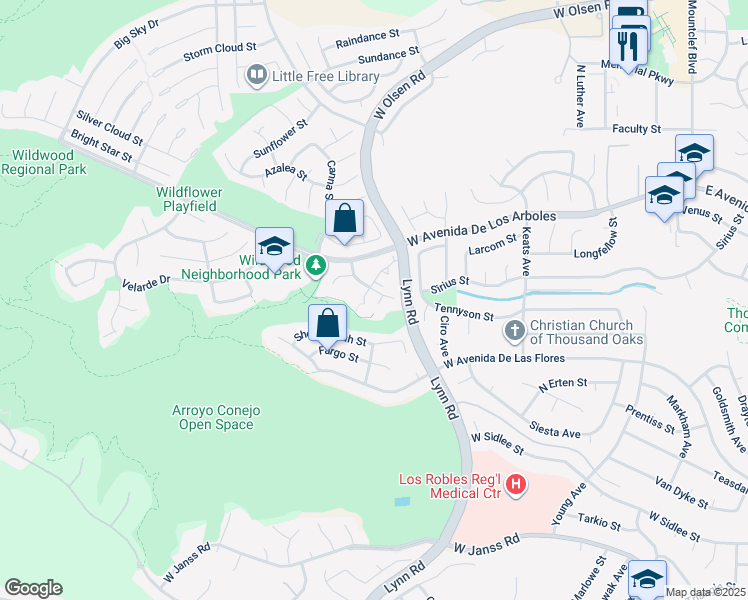 map of restaurants, bars, coffee shops, grocery stores, and more near 2609 La Paloma Circle in Thousand Oaks