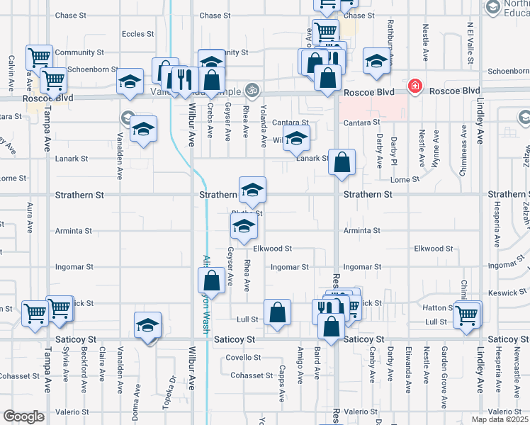 map of restaurants, bars, coffee shops, grocery stores, and more near Yolanda Avenue & Blythe Street in Los Angeles