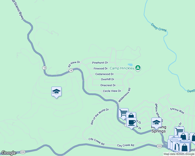 map of restaurants, bars, coffee shops, grocery stores, and more near 31354 Overhill Drive in Running Springs