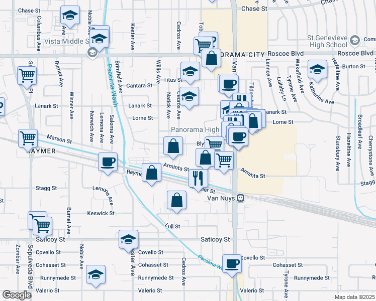 map of restaurants, bars, coffee shops, grocery stores, and more near 14654 Blythe Street in Los Angeles