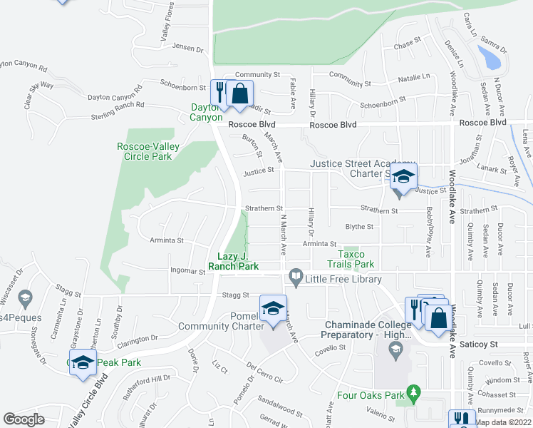 map of restaurants, bars, coffee shops, grocery stores, and more near 23676 Strathern Street in Los Angeles