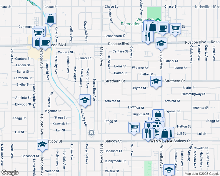map of restaurants, bars, coffee shops, grocery stores, and more near 20458 Blythe Street in Los Angeles
