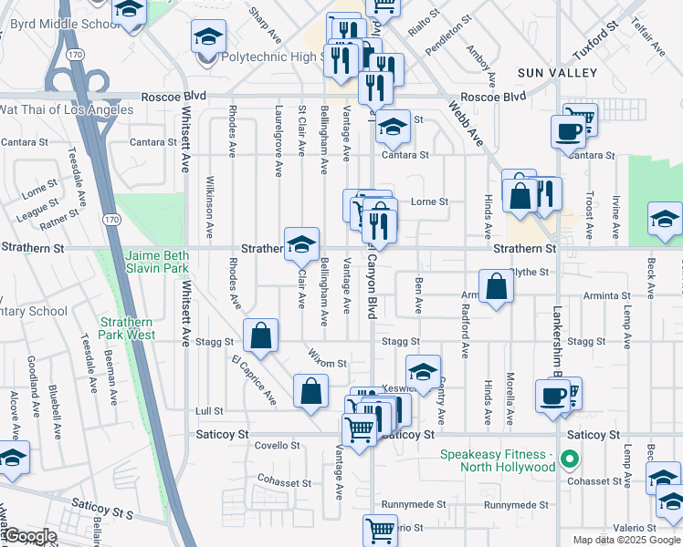 map of restaurants, bars, coffee shops, grocery stores, and more near 7931 Vantage Avenue in Los Angeles