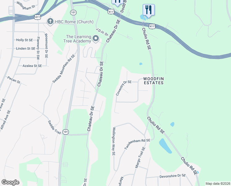map of restaurants, bars, coffee shops, grocery stores, and more near 18 Coventry Drive Southeast in Rome